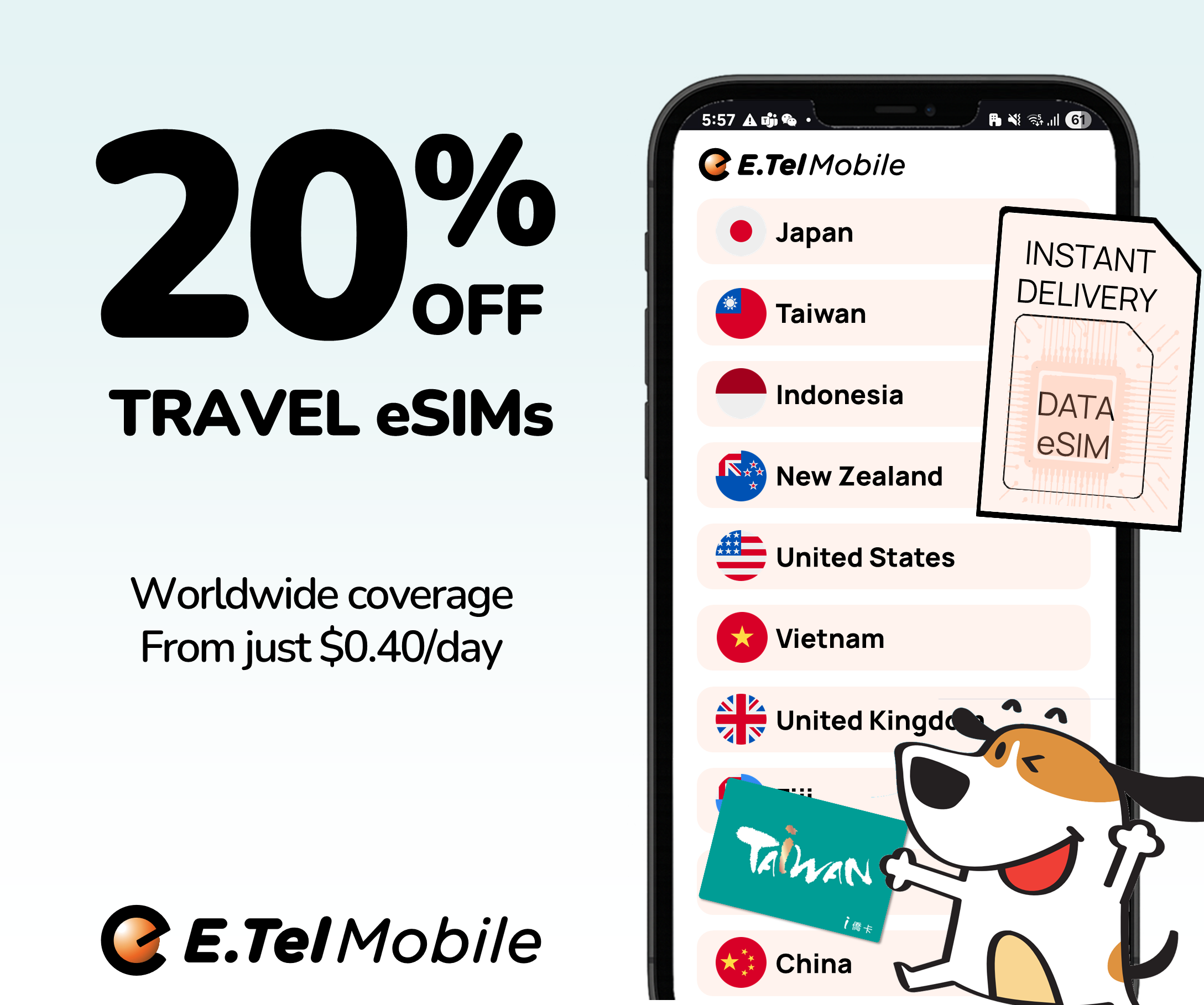 photo of Travel eSIMs worldwide - E.Tel Mobile1